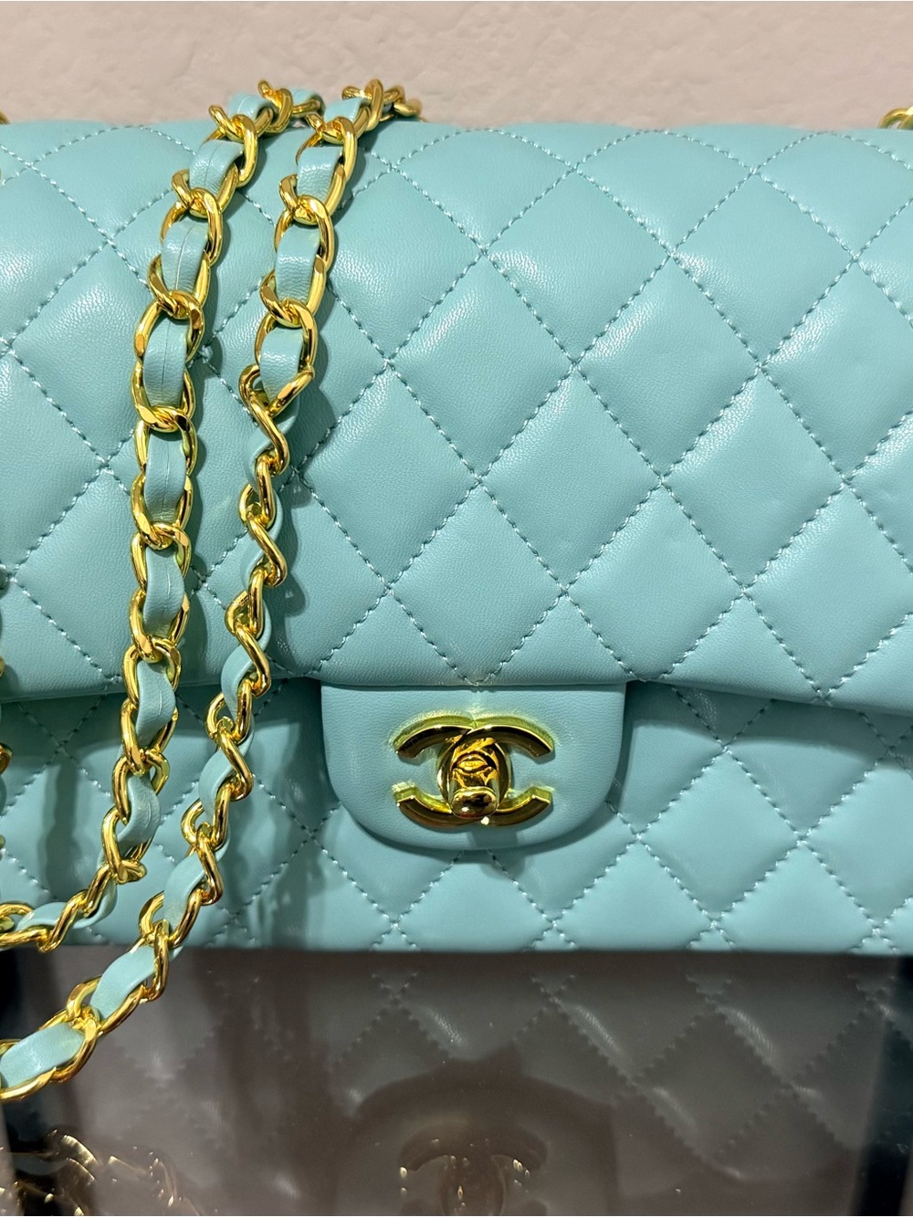 Quilted Shoulder Bag in Mint Blue with Gold Hardware